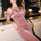 Pink Dust Off-Shoulder Foiled Velour Sheath Dress - Woman Wearing Ruffle Rosette Evening Dress - Le Chateau