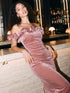 Pink Dust Off-Shoulder Foiled Velour Sheath Dress - Woman Wearing Ruffle Rosette Evening Dress - Le Chateau