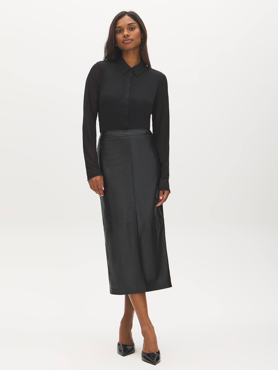 Jet Black Mesh Blouse with Shirring - Front View - Suzy Shier