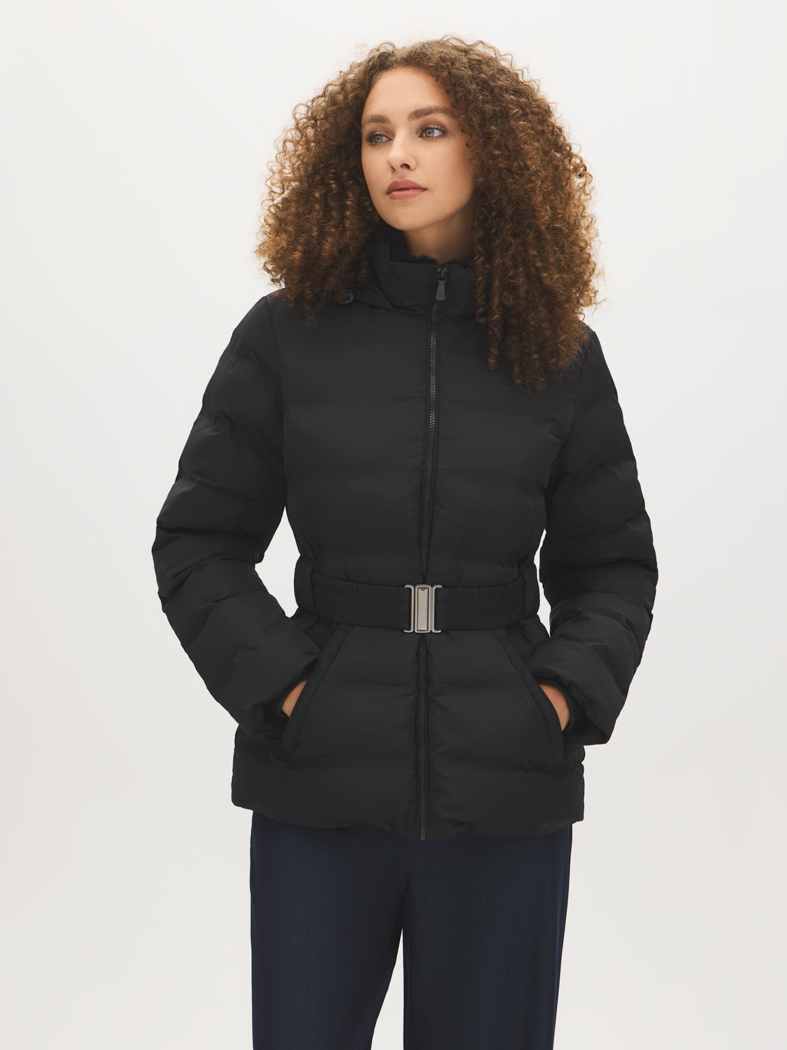 Black Quilted Belted Puffer Jacket with Faux Fur - Woman Wearing Winter Outerwear - Suzy Shier