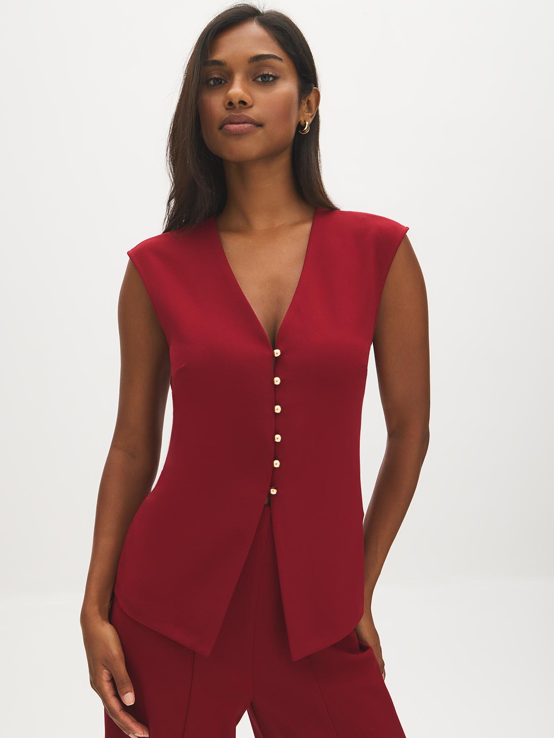 Red V-Neck Button-Front Knit Vest - Front View - Suzy Shier