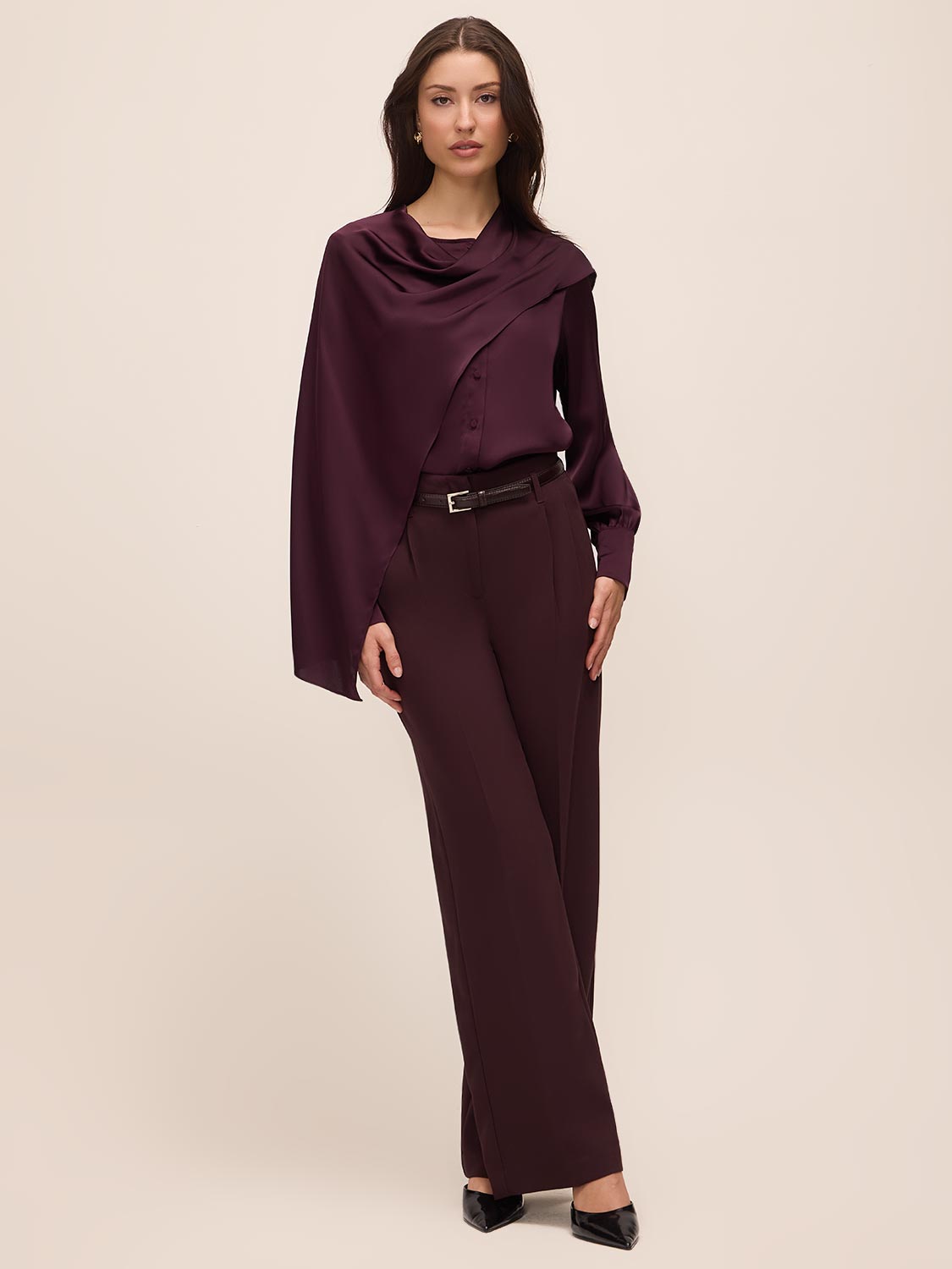 Eggplant Satin Scarf Neck Blouse - Front View - Le Chateau