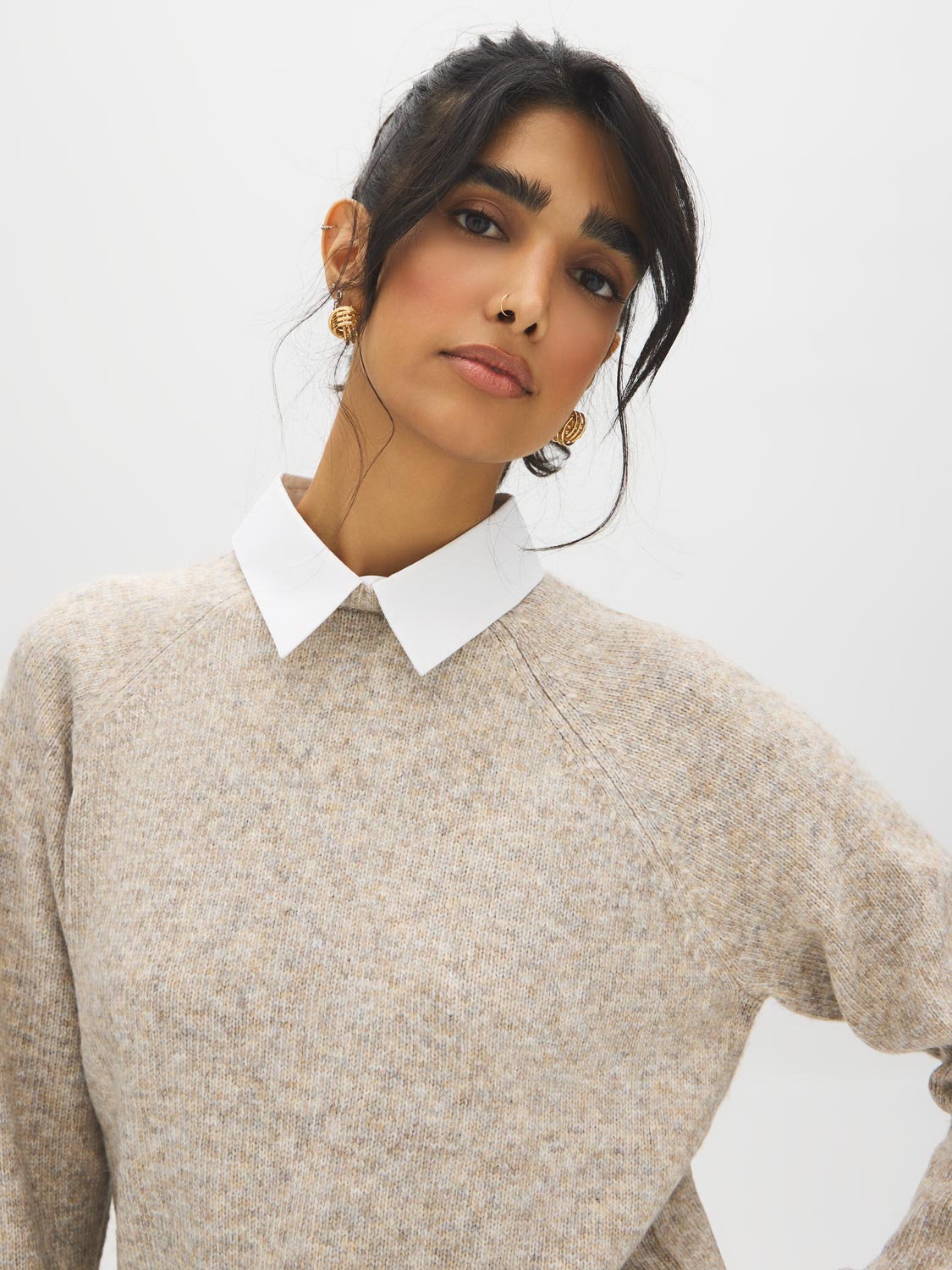 Tan Melange Twofer Sweater with Poplin Collar - Collar Detail - Suzy Shier