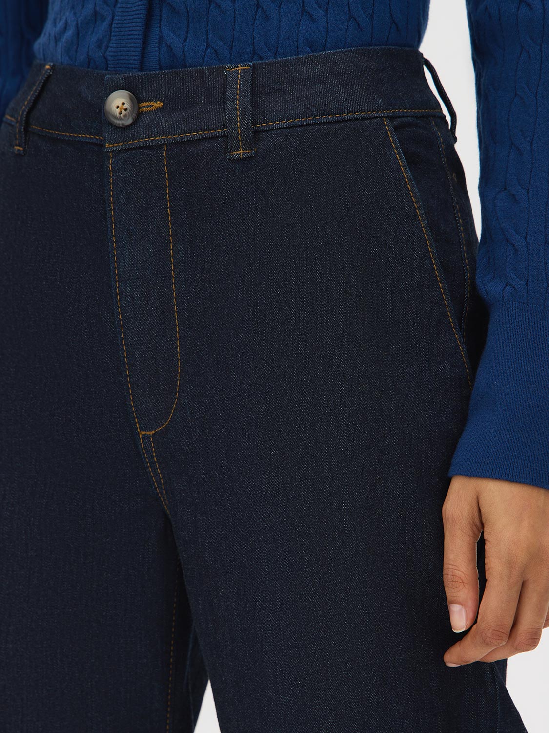 Indigo Rinse Straight Leg Denim Trouser - Close-up Fabric Detail - Suzy Shier