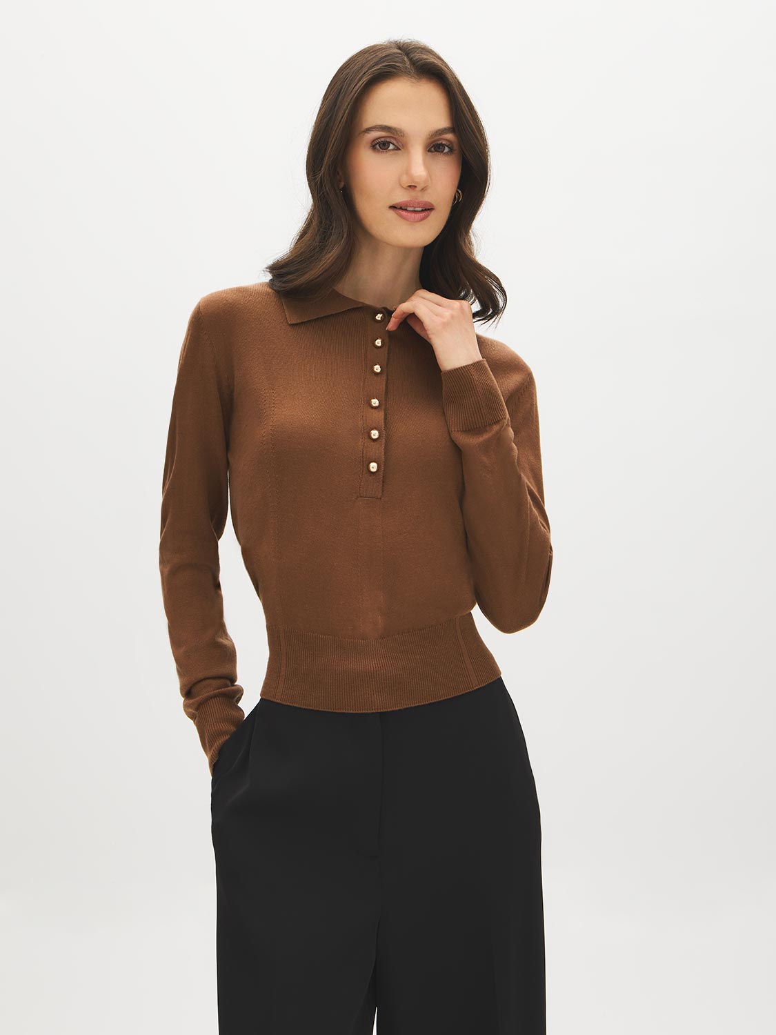 Windchime Pointelle Knit Sweater with Shirt Collar - Woman Wearing Collared Knit Top - Suzy Shier