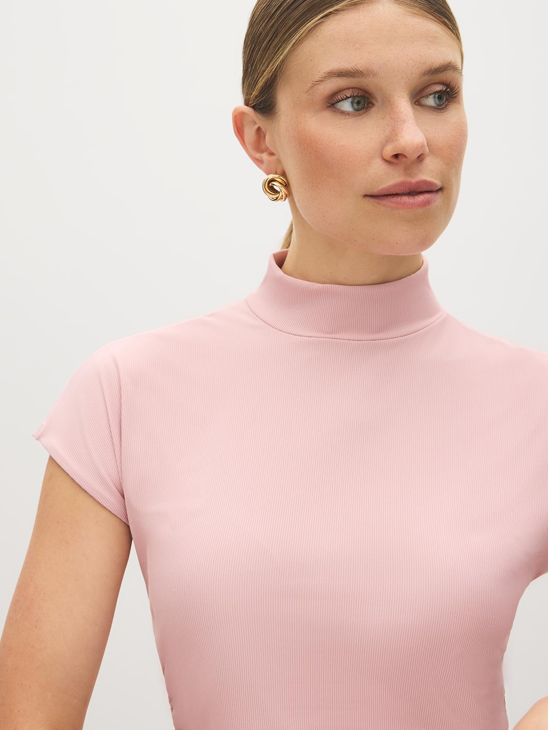 Zephyr Mock Neck Ribbed Top with Side Ruching - Close-up Fabric Detail - Suzy Shier