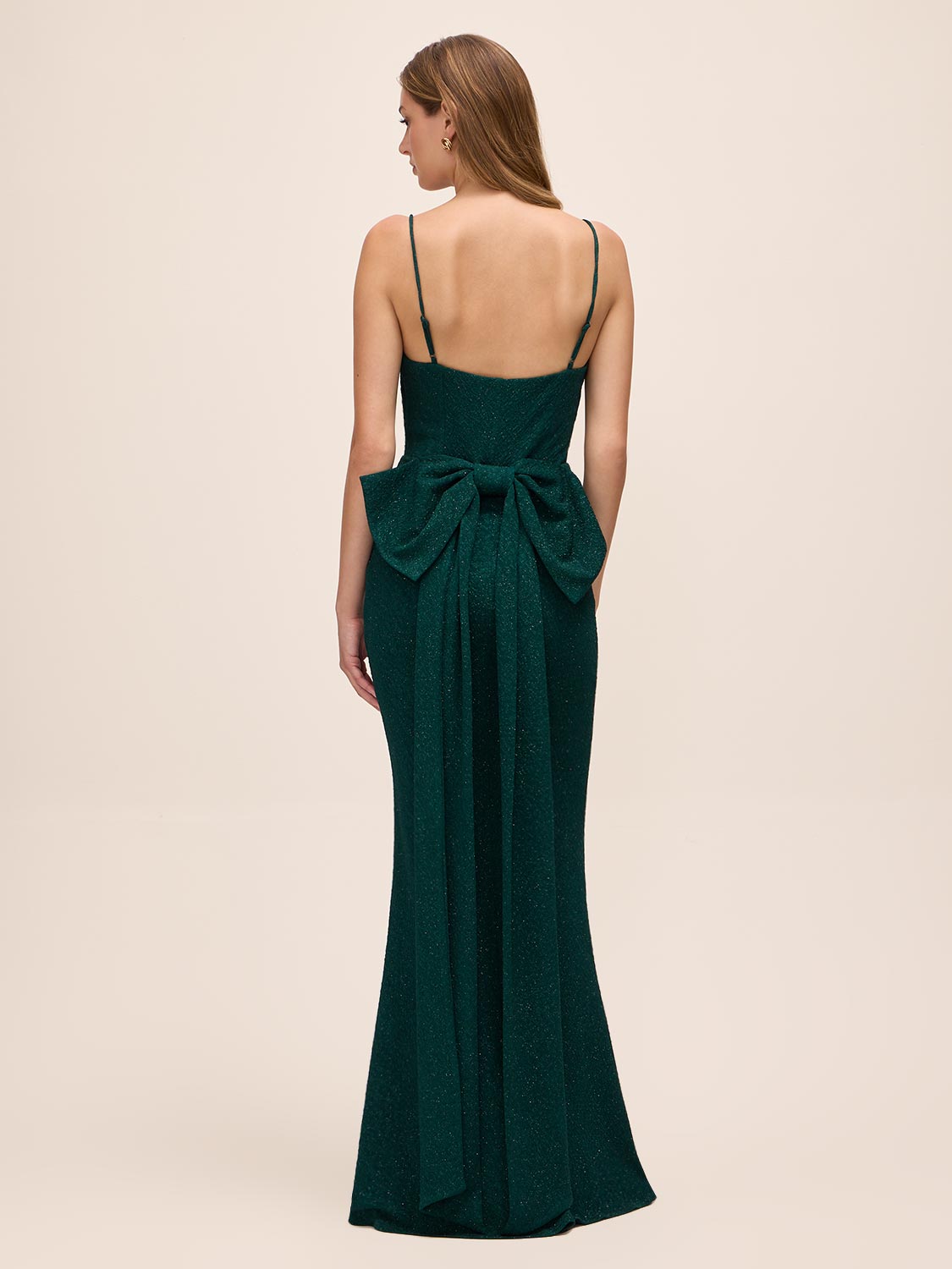 Dark Emerald Glitter Knit Gown with Bow Back - Back View - Le Chateau