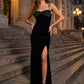 Black Velour Gown with Satin Bow - Woman Wearing Elegant Evening Dress with Front Slit - Le Chateau