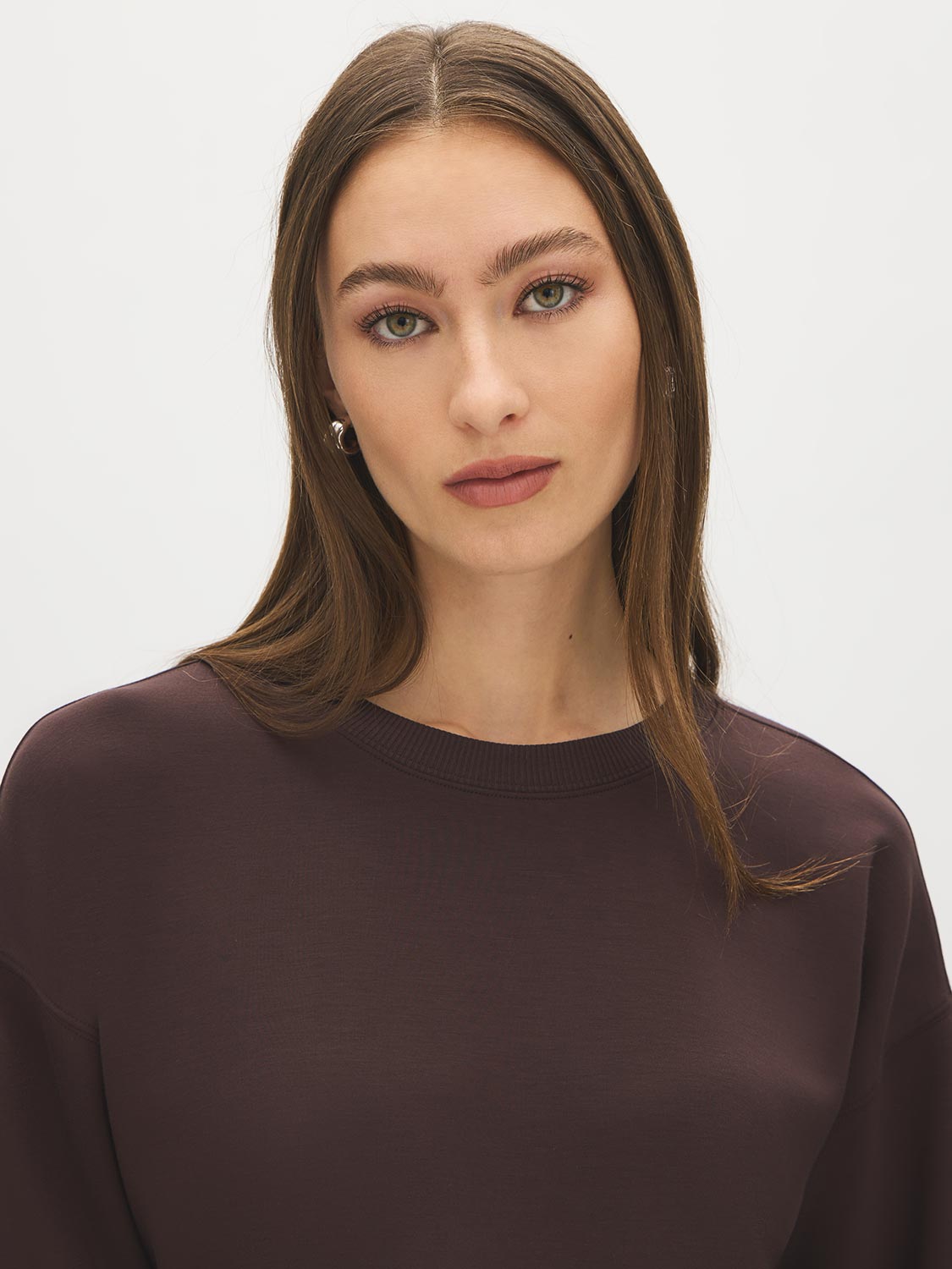 Coffee Bean Cloud Fleece Top with Drop Shoulder Sleeves - Close-up Fabric Detail - Suzy Shier