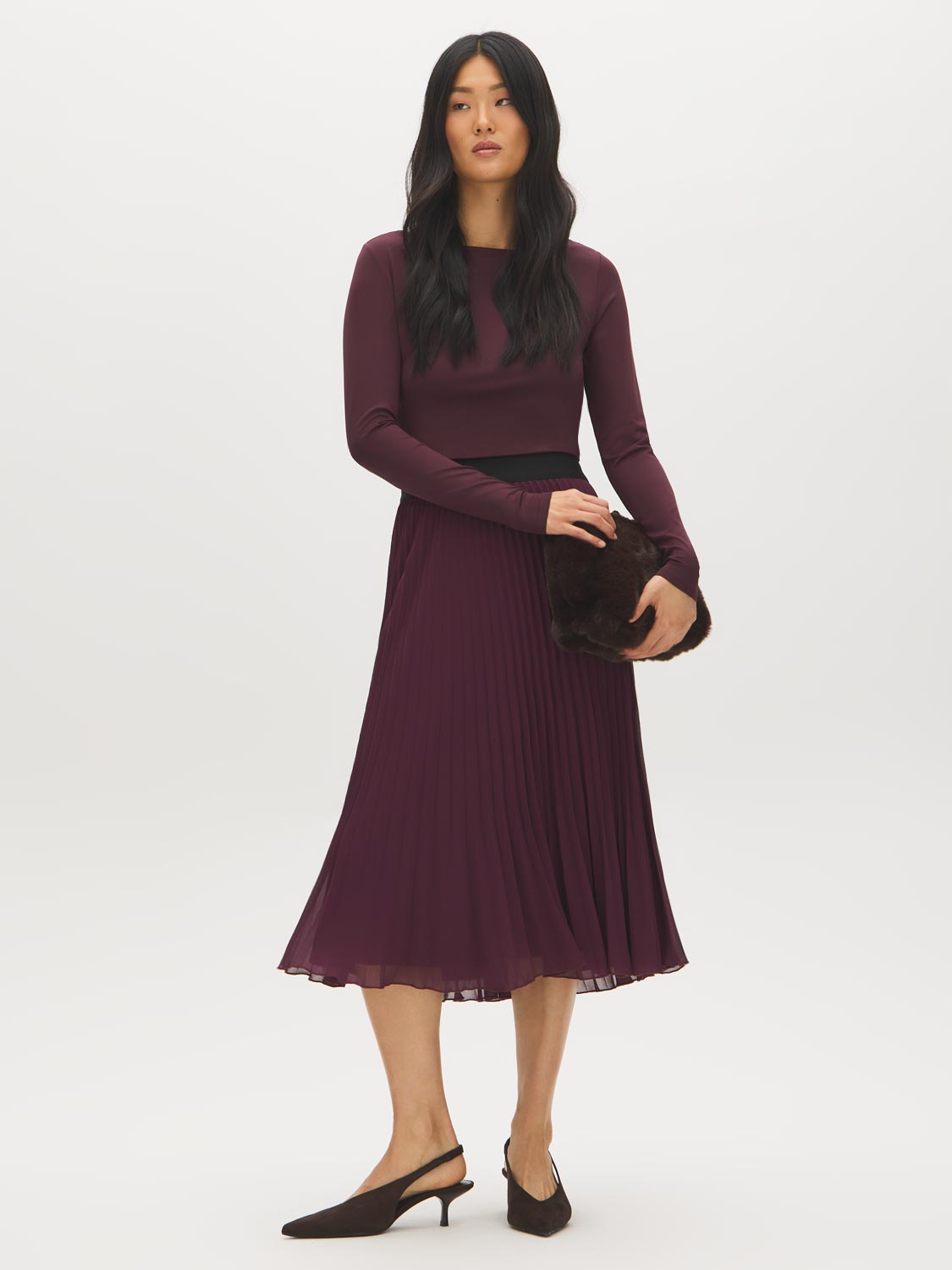 Winetasting Pleated Chiffon Skirt with Elastic Waistband - Woman Wearing Midi Skirt - Suzy Shier