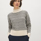 White/Dark Grey Jacquard Mock Neck Sweater - Woman Wearing Patterned Knit Sweater - Suzy Shier