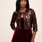 Burgundy 3D Sequin Floral Long Sleeve Bolero - Woman Wearing Elegant Evening Cover-Up - Le Chateau