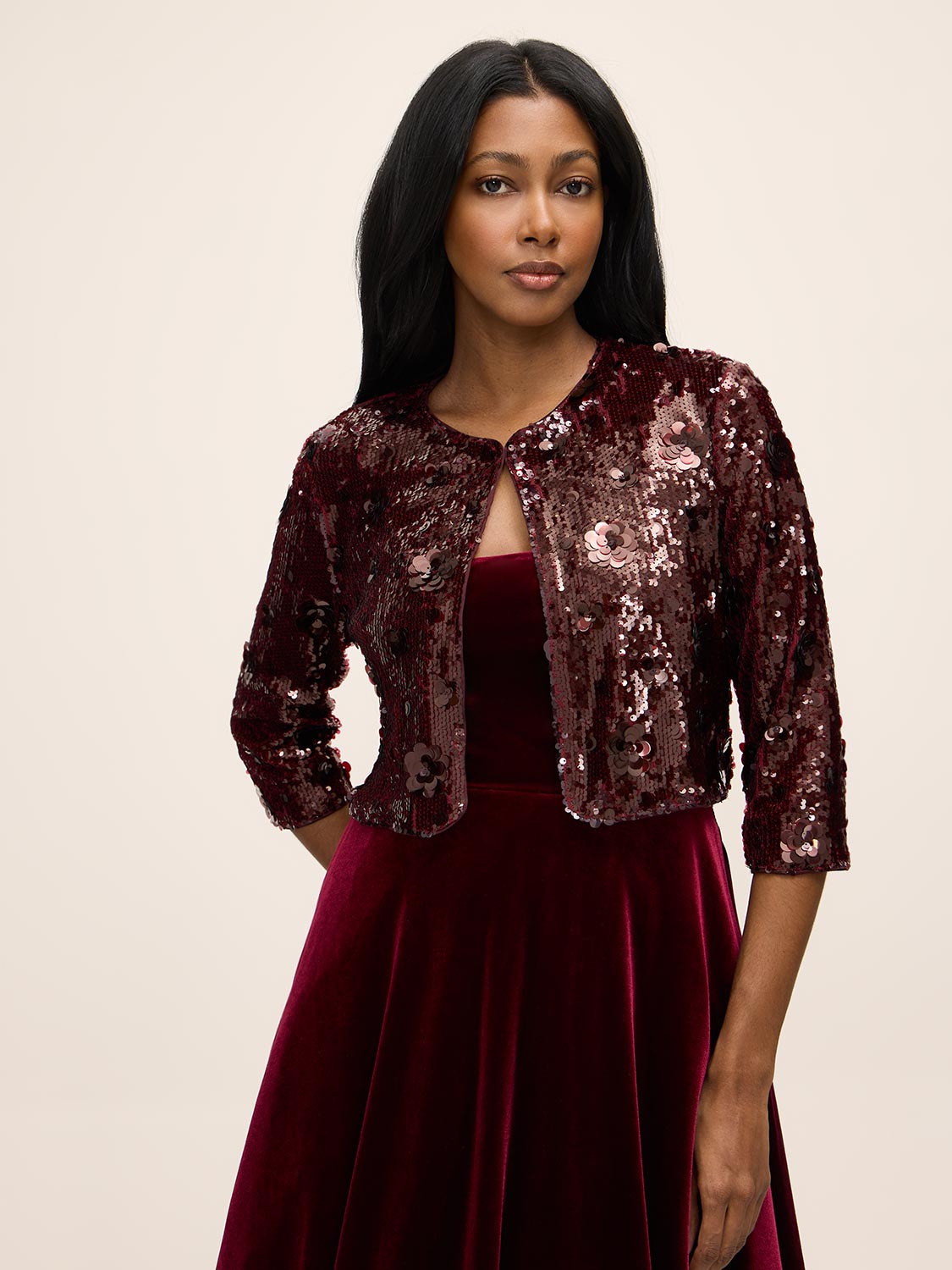 Burgundy 3D Sequin Floral Long Sleeve Bolero - Woman Wearing Elegant Evening Cover-Up - Le Chateau