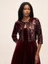 Burgundy 3D Sequin Floral Long Sleeve Bolero - Woman Wearing Elegant Evening Cover-Up - Le Chateau