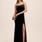 Black Velour Gown with Satin Bow - Woman Wearing Elegant Evening Dress with Front Slit - Le Chateau