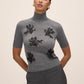 Charcoal Beaded Mock Neck Knit Sweater - Woman Wearing Elegant Short Sleeve Sweater - Le Chateau