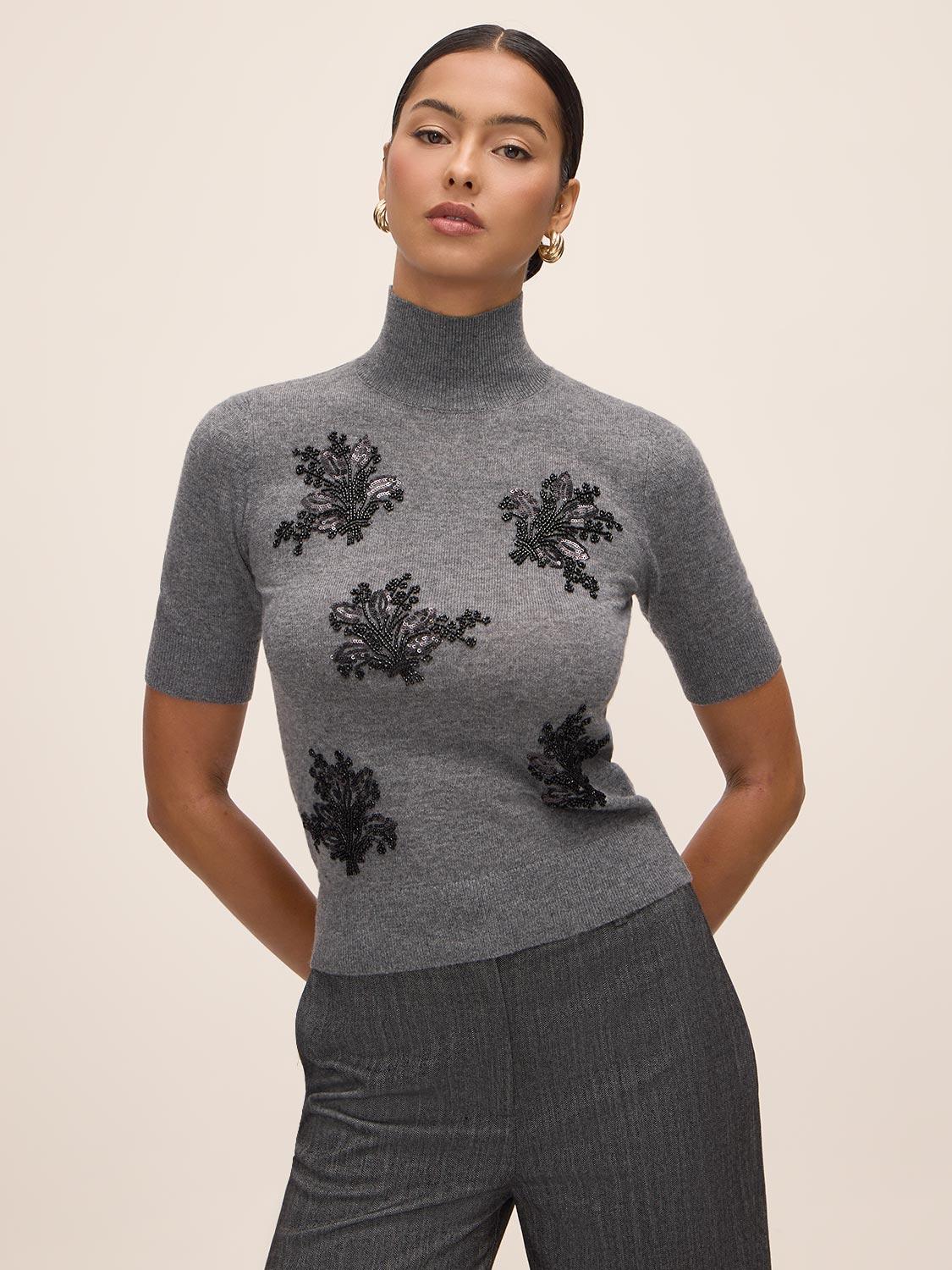 Charcoal Beaded Mock Neck Knit Sweater - Woman Wearing Elegant Short Sleeve Sweater - Le Chateau