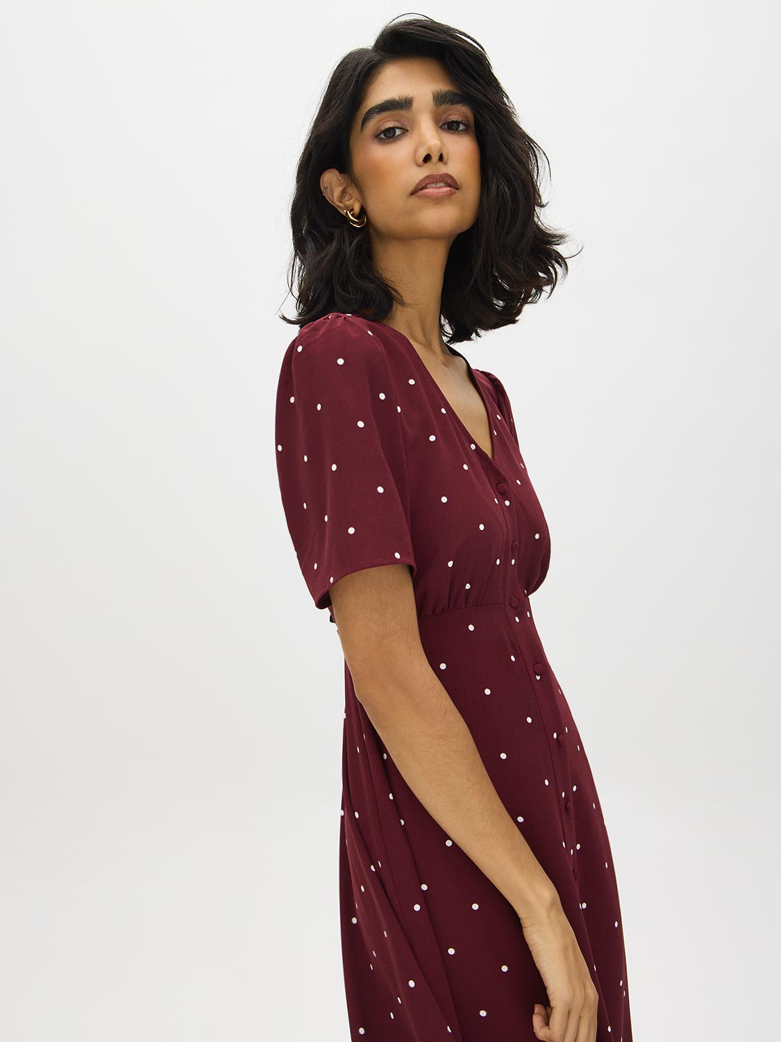 Zinfandel Polka Dot Flowy Shirt Dress - Side Profile View - Suzy Shier