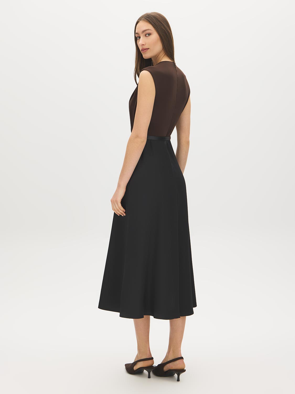 Black and Coffee Bean Two-Tone Crossover Dress - Back View - Suzy Shier