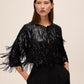 Black Sequin Fringe Bolero Cover Up - Woman Wearing Long Sleeve Mesh Top - Le Chateau