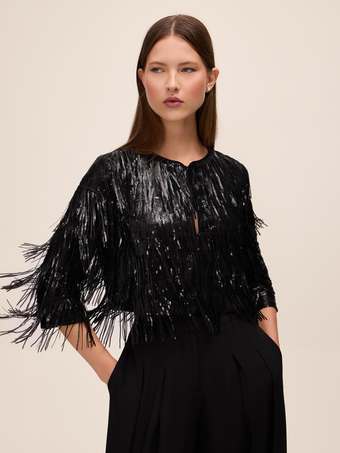 Black Sequin Fringe Bolero Cover Up - Woman Wearing Long Sleeve Mesh Top - Le Chateau