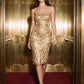 Gold Sequin Mesh Sleeveless Midi Dress - Woman Wearing Square Neck Evening Dress - Le Chateau