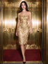 Gold Sequin Mesh Sleeveless Midi Dress - Woman Wearing Square Neck Evening Dress - Le Chateau