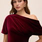 Burgundy Velour Gown with Asymmetrical Neckline - Close-up Neckline Detail - Le Chateau