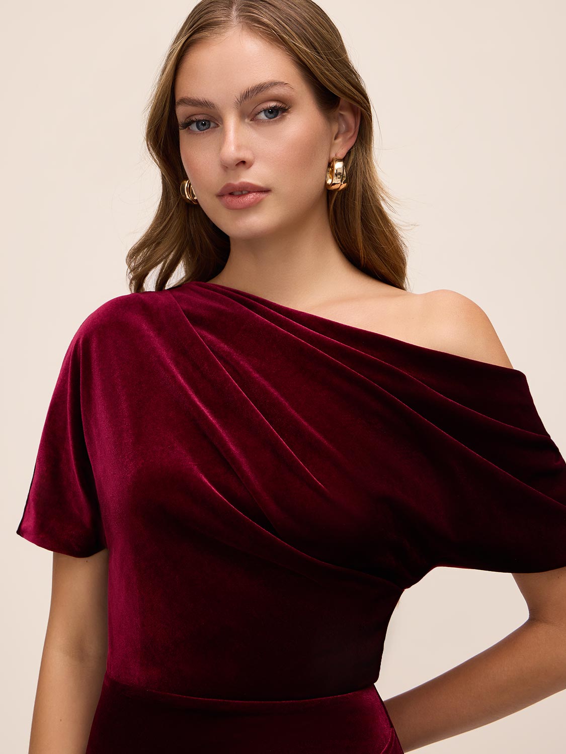 Burgundy Velour Gown with Asymmetrical Neckline - Close-up Neckline Detail - Le Chateau