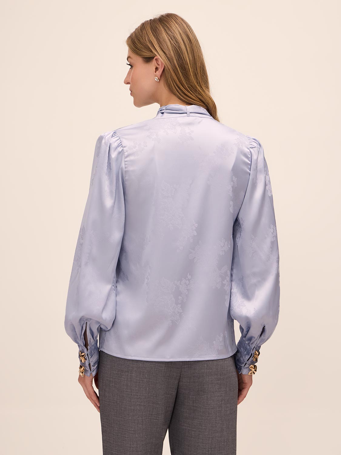 Steel Blue Floral Damask Tie Neck Bow Blouse - Back View - Le Chateau