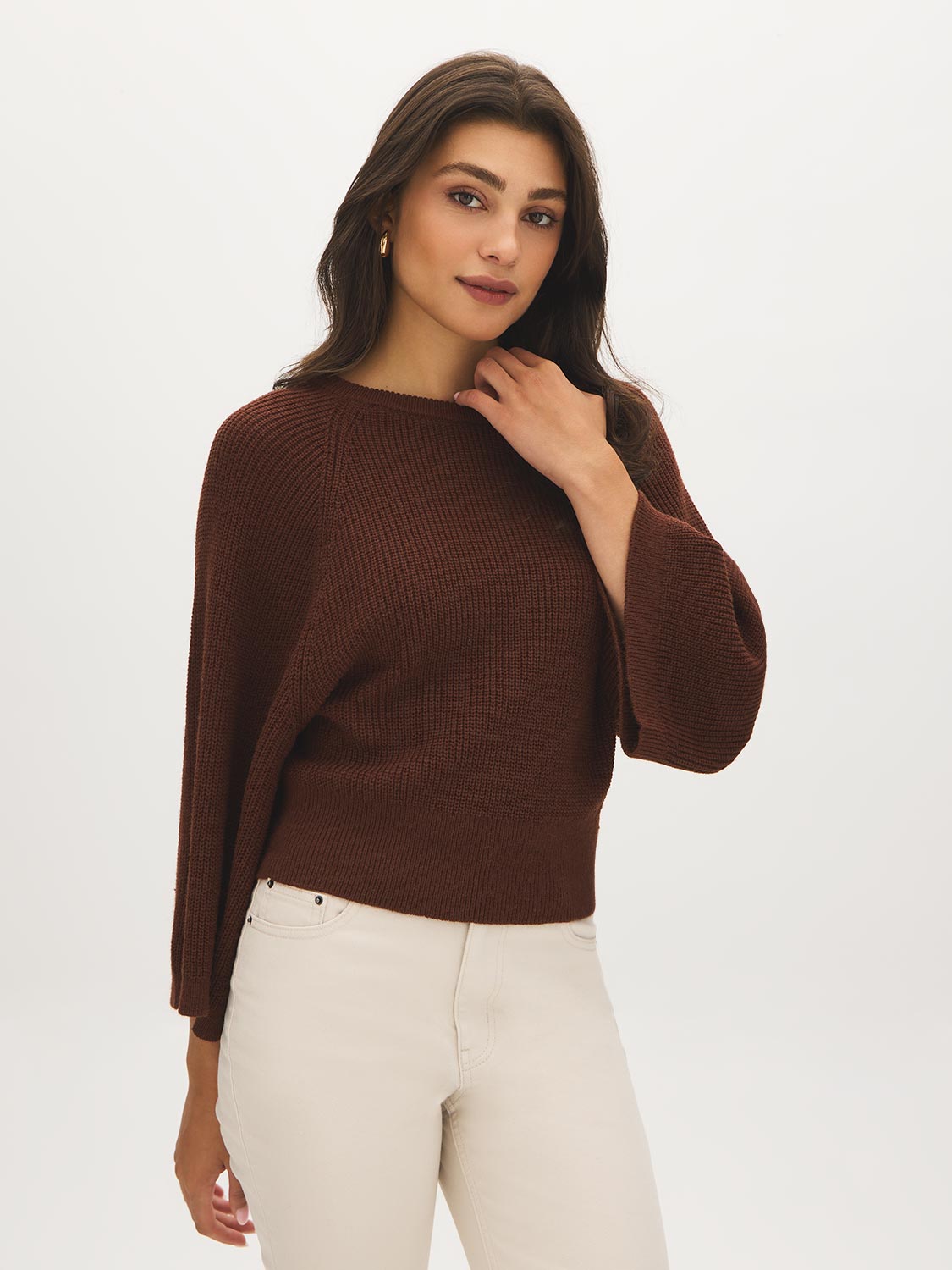 Chocolate Fondant Ribbed Shaker Stitch Sweater - Woman Wearing Flare Sleeve Knit Top - Suzy Shier
