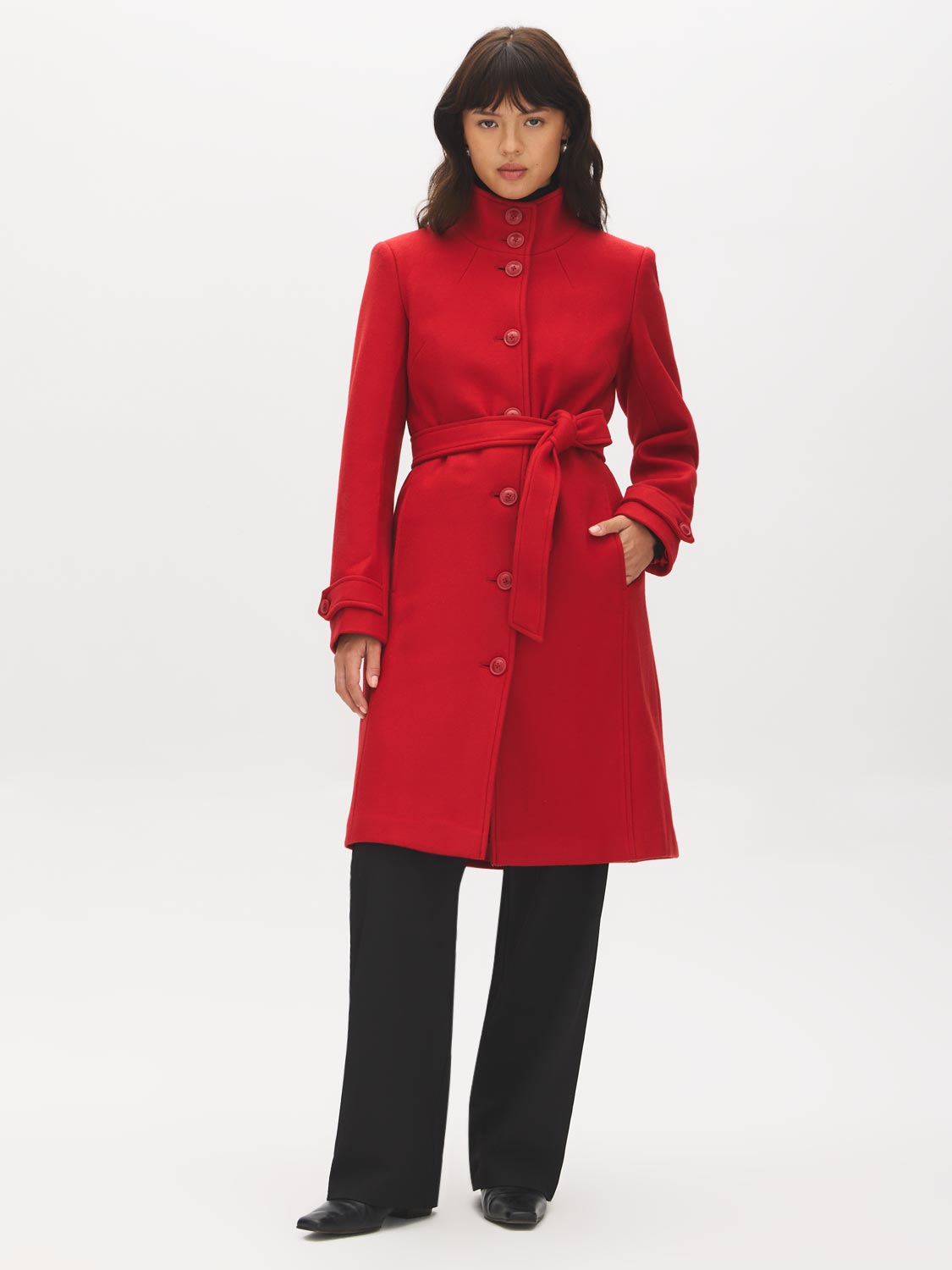 Red Faux Wool Funnel Neck Coat with Wrap Belt - Front View with Belt - Suzy Shier
