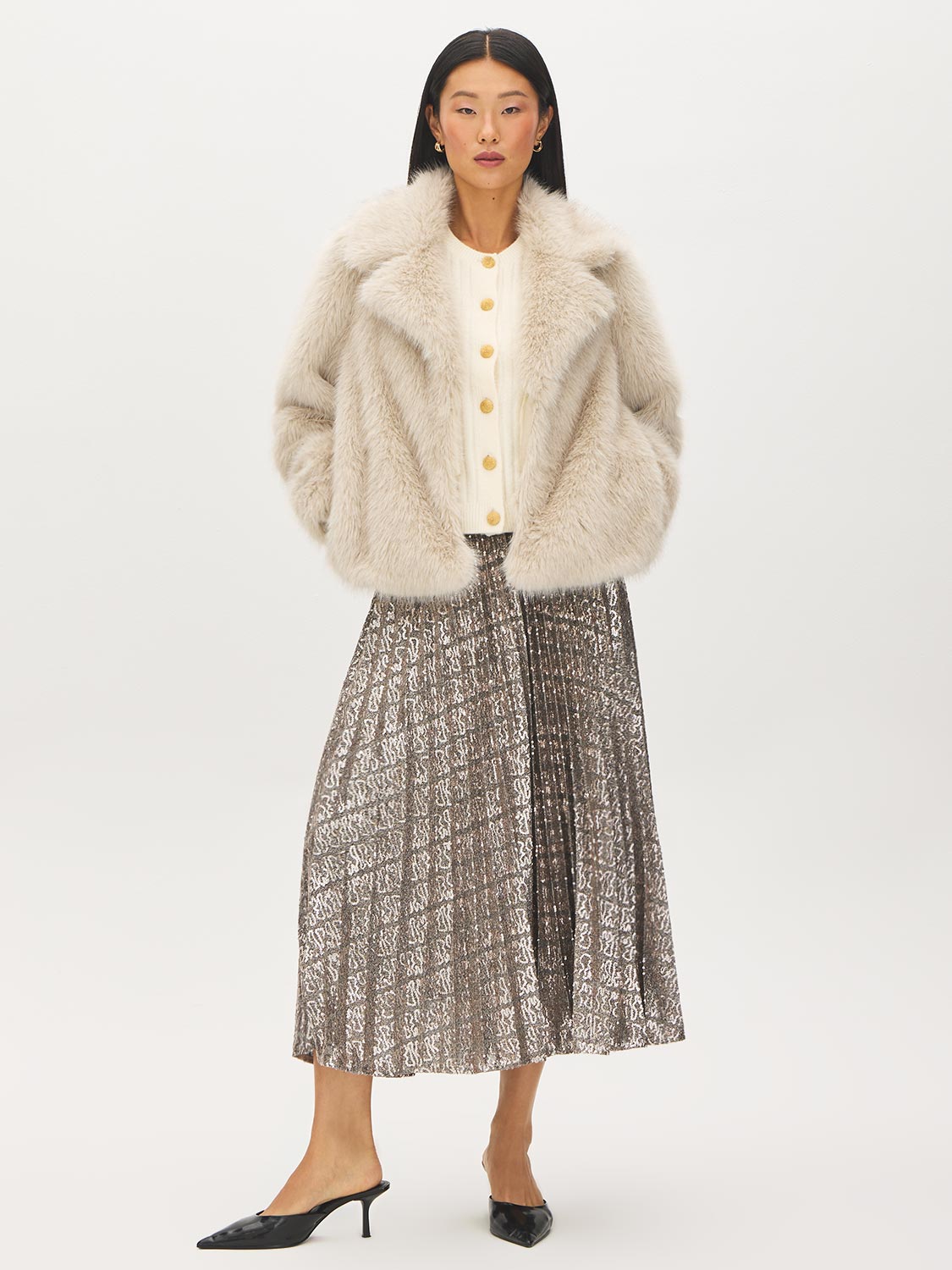 Snow White Short Sleeve Ribbed Button-Front Cardigan - Styled with Fur Coat - Suzy Shier