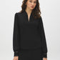 Jet Black V-Neck Top with Chiffon Sleeves and Rhinestone Cuffs - Woman Wearing Elegant Knit Top - Suzy Shier