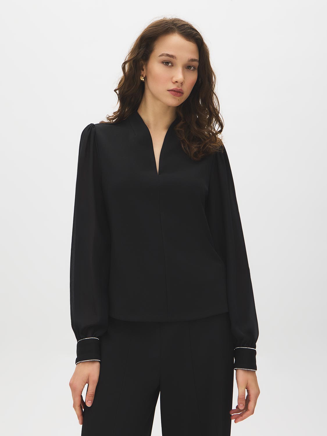 Jet Black V-Neck Top with Chiffon Sleeves and Rhinestone Cuffs - Woman Wearing Elegant Knit Top - Suzy Shier