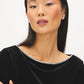 Jet Black Rhinestone Detail Velvet Boat Neck Top - Close-up Fabric Detail - Suzy Shier