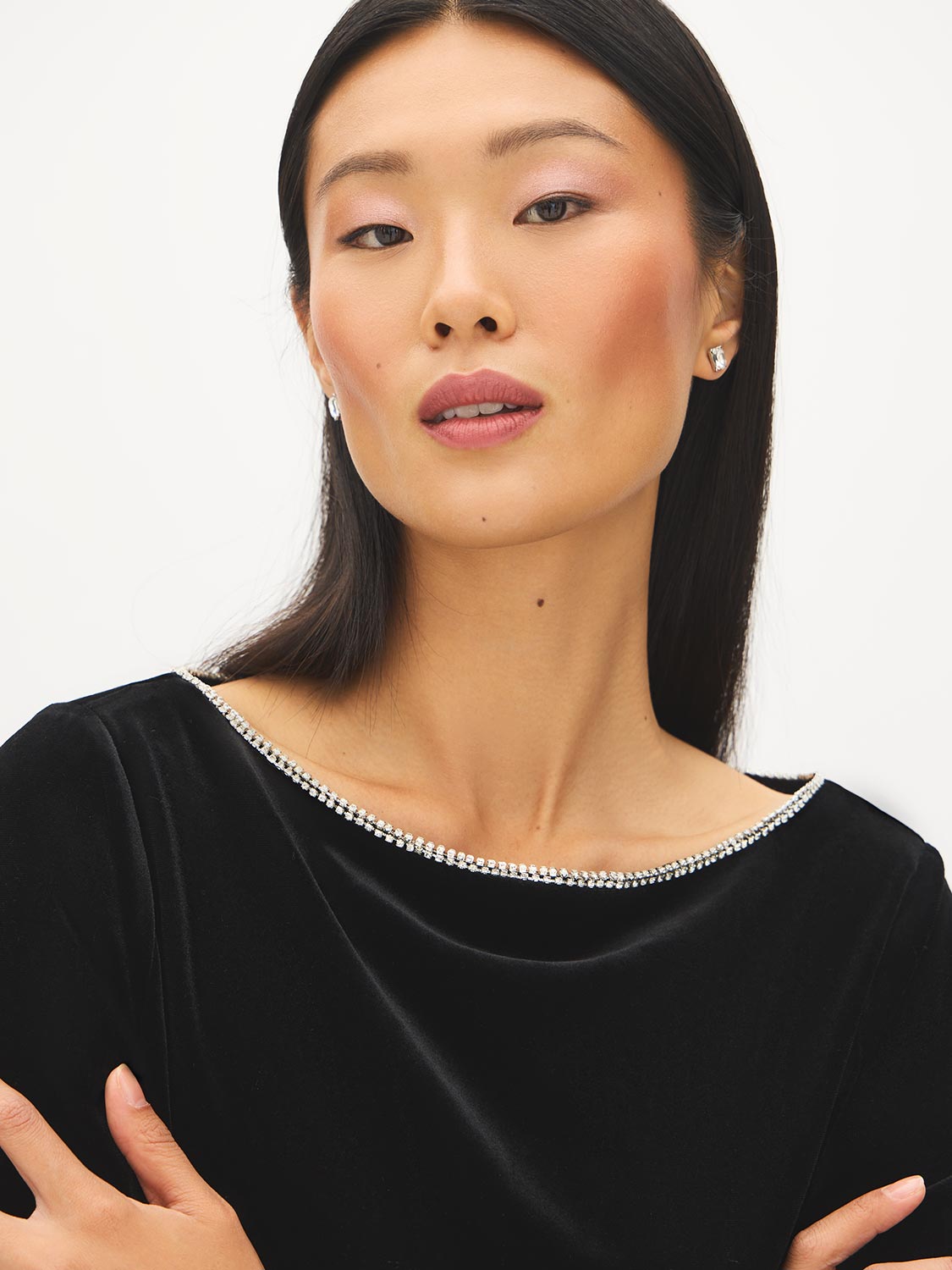 Jet Black Rhinestone Detail Velvet Boat Neck Top - Close-up Fabric Detail - Suzy Shier