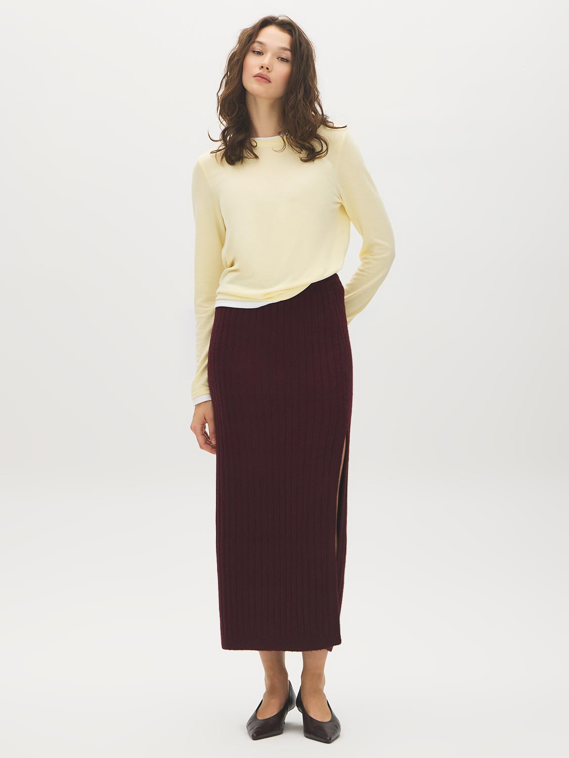 Bruised Burgundy Melange Ribbed Knit Sweater Skirt with Side Slit - Front View - Suzy Shier
