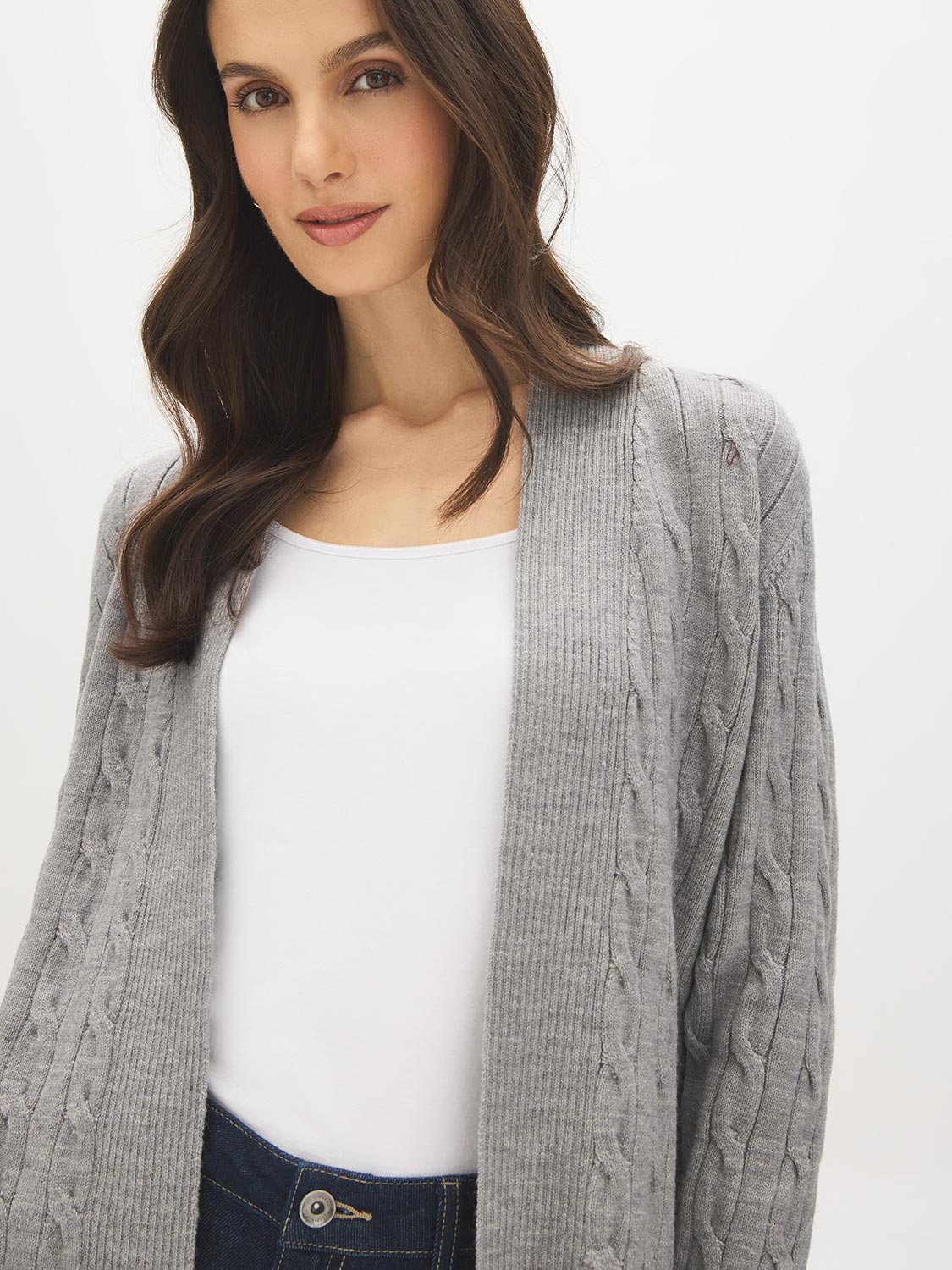Dolphin Melange Long Cable Knit Open Cardigan - Front View - Suzy Shier