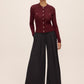Bordeaux Pointelle Gold Button Cardigan - Full Body View - Le Chateau