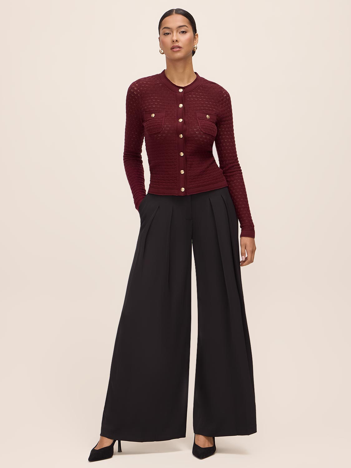 Bordeaux Pointelle Gold Button Cardigan - Full Body View - Le Chateau