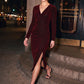 Red/Black Lurex Knit Crossover Neck Midi Dress - Woman Wearing Long Sleeve Evening Dress - Le Chateau