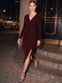 Red/Black Lurex Knit Crossover Neck Midi Dress - Woman Wearing Long Sleeve Evening Dress - Le Chateau