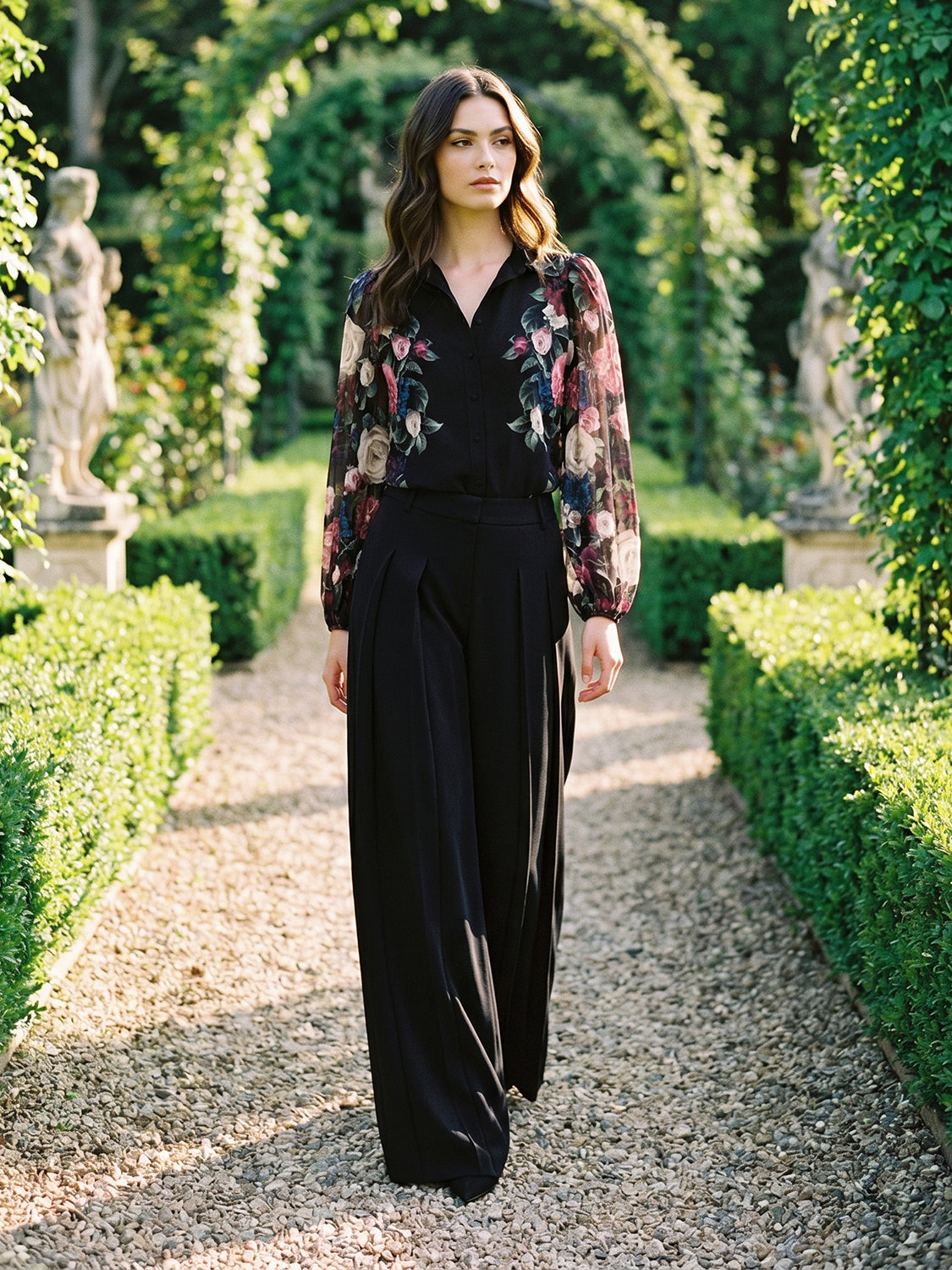 Black Print Placement Floral Blouse - Woman Wearing Elegant Woven Top - Le Chateau