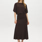 Coffee Bean Dolman Sleeve Midi Dress with Gathered Waist - Woman Wearing Relaxed Knit Dress - Suzy Shier