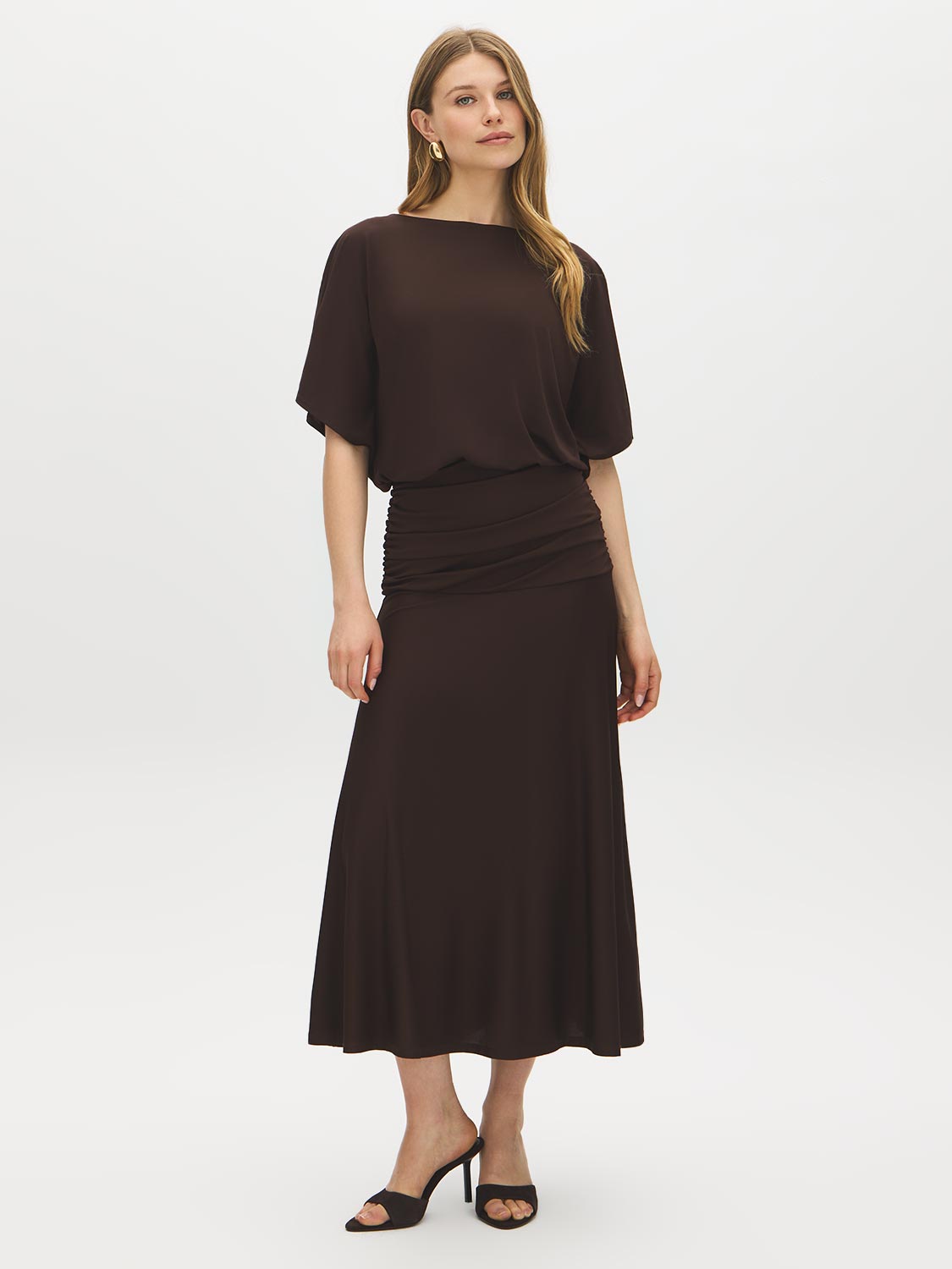 Coffee Bean Dolman Sleeve Midi Dress with Gathered Waist - Woman Wearing Relaxed Knit Dress - Suzy Shier