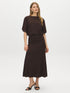 Coffee Bean Dolman Sleeve Midi Dress with Gathered Waist - Woman Wearing Relaxed Knit Dress - Suzy Shier