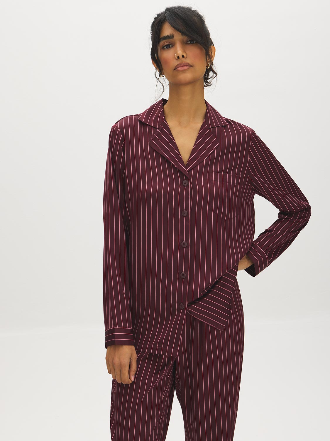 Burgundy Striped Satin Pajama Set - Shirt Collar Detail - Suzy Shier