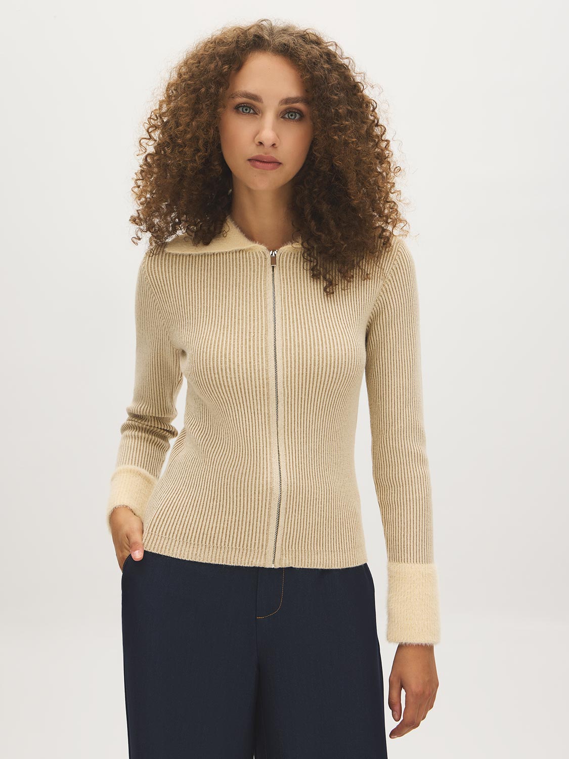 Tan/Taupe Two-Tone Ribbed Knit Sweater - Woman Wearing Fuzzy Collar Sweater - Suzy Shier