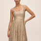 Gold Sequin Fit & Flare Midi Dress with Pleating - Front View - Le Chateau